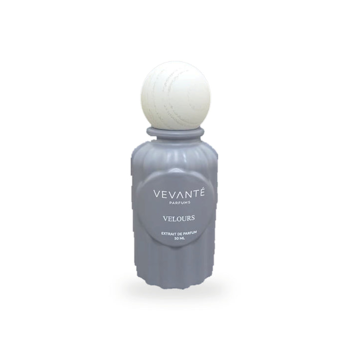Vevanté Velours 50 ml Extrait de Parfum — matte dove grey bottle with wooden sphere cap
