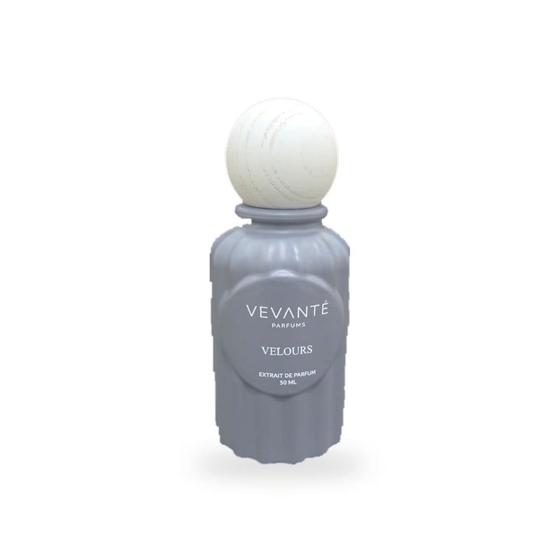 Vevanté Velours 50 ml Extrait de Parfum — matte dove grey bottle with wooden sphere cap