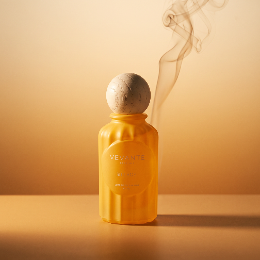 Vevanté Sillage — amber dusk world with incense smoke, art frame