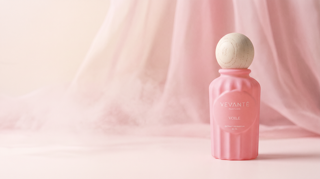 Vevanté Voile — wide cinematic panel, sheer blush folds
