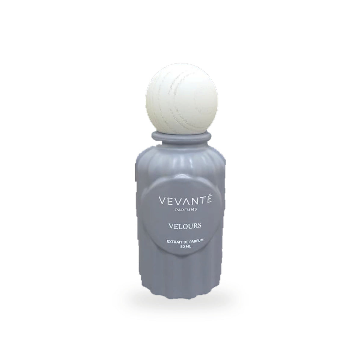 Vevanté Velours 50 ml Extrait de Parfum — matte dove grey bottle with wooden sphere cap