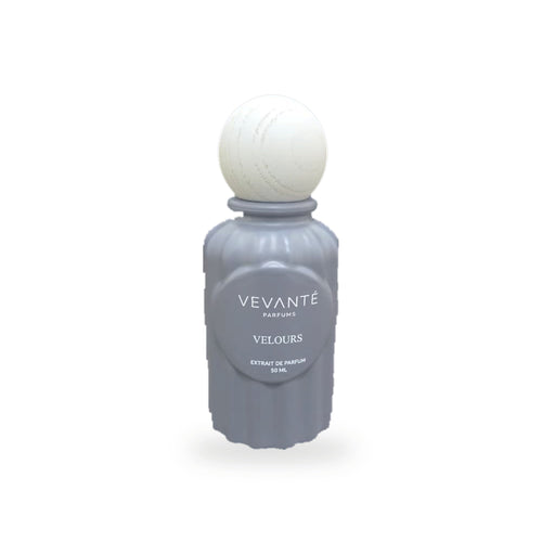 Vevanté Velours 50 ml Extrait de Parfum — matte dove grey bottle with wooden sphere cap