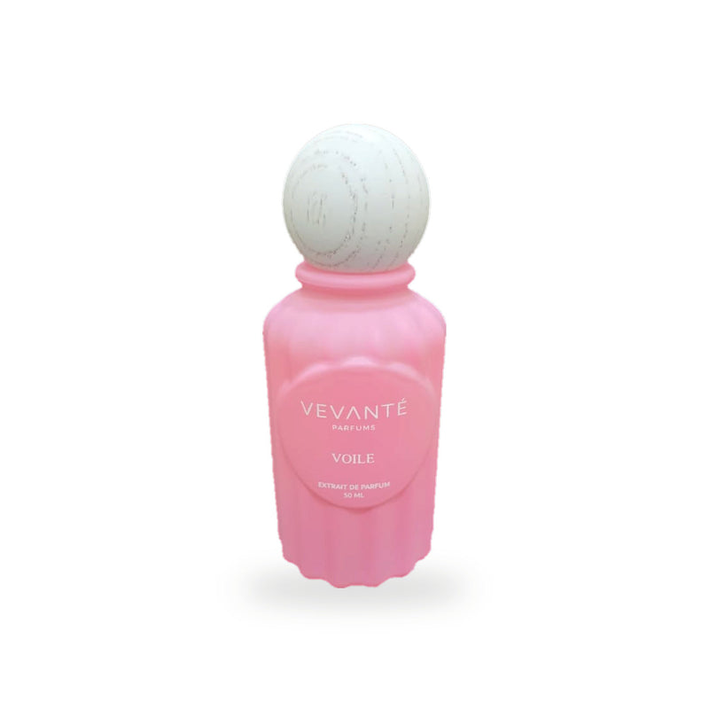 Vevanté Voile 50 ml Extrait de Parfum — matte rose pink bottle with wooden sphere cap